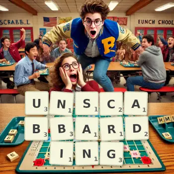 Creative illustration for a Scrabble game with the word UNSCABBARDING spelled out in tiles on the board.