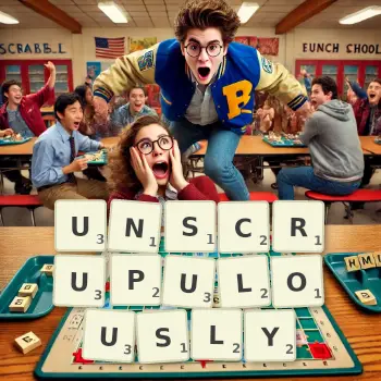 Creative illustration for a Scrabble game with the word UNSCRUPULOUSLY spelled out in tiles on the board.