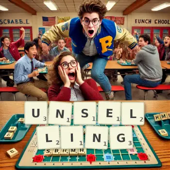 Creative illustration for a Scrabble game with the word UNSELLING spelled out in tiles on the board.
