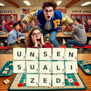 Creative illustration for a Scrabble game with the word UNSENSUALIZED spelled out in tiles on the board.