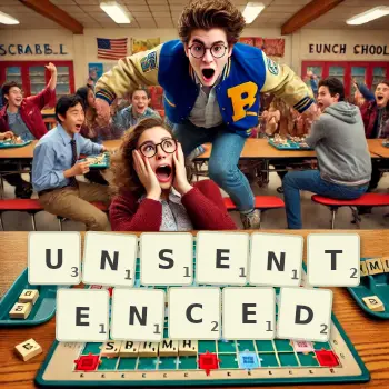 Creative illustration for a Scrabble game with the word UNSENTENCED spelled out in tiles on the board.
