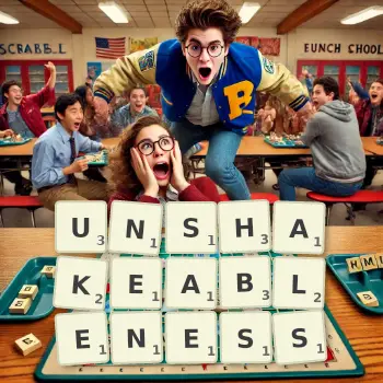 Creative illustration for a Scrabble game with the word UNSHAKEABLENESS spelled out in tiles on the board.