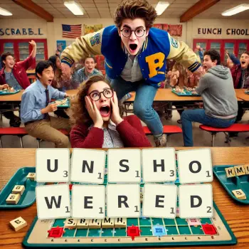 Creative illustration for a Scrabble game with the word UNSHOWERED spelled out in tiles on the board.
