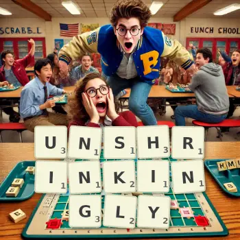Creative illustration for a Scrabble game with the word UNSHRINKINGLY spelled out in tiles on the board.