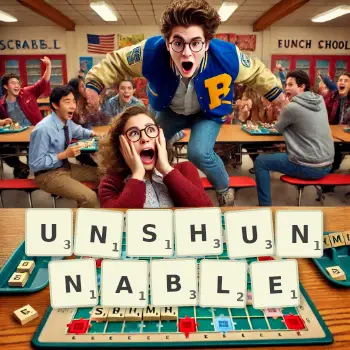 Creative illustration for a Scrabble game with the word UNSHUNNABLE spelled out in tiles on the board.