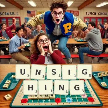 Creative illustration for a Scrabble game with the word UNSIGHING spelled out in tiles on the board.
