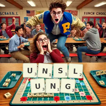 Creative illustration for a Scrabble game with the word UNSLUNG spelled out in tiles on the board.