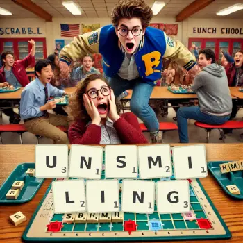 Creative illustration for a Scrabble game with the word UNSMILING spelled out in tiles on the board.