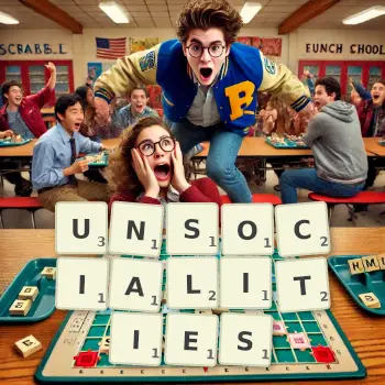 Creative illustration for a Scrabble game with the word UNSOCIALITIES spelled out in tiles on the board.