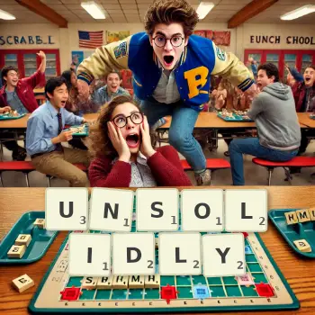 Creative illustration for a Scrabble game with the word UNSOLIDLY spelled out in tiles on the board.