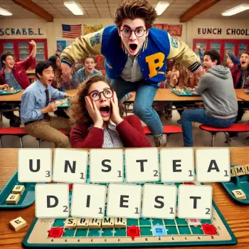 Creative illustration for a Scrabble game with the word UNSTEADIEST spelled out in tiles on the board.