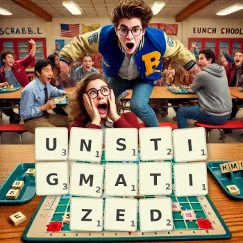 Creative illustration for a Scrabble game with the word UNSTIGMATIZED spelled out in tiles on the board.