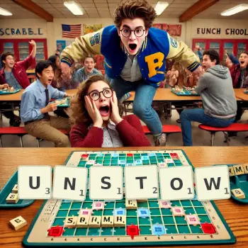 Creative illustration for a Scrabble game with the word UNSTOW spelled out in tiles on the board.