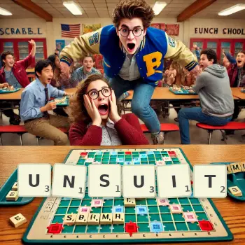 Creative illustration for a Scrabble game with the word UNSUIT spelled out in tiles on the board.
