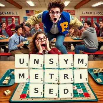Creative illustration for a Scrabble game with the word UNSYMMETRISED spelled out in tiles on the board.