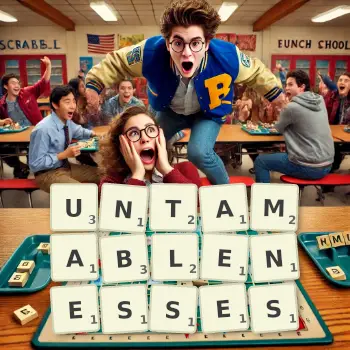 Creative illustration for a Scrabble game with the word UNTAMABLENESSES spelled out in tiles on the board.