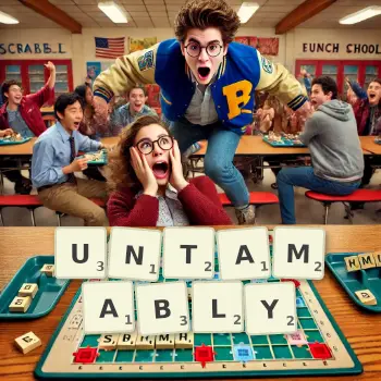 Creative illustration for a Scrabble game with the word UNTAMABLY spelled out in tiles on the board.