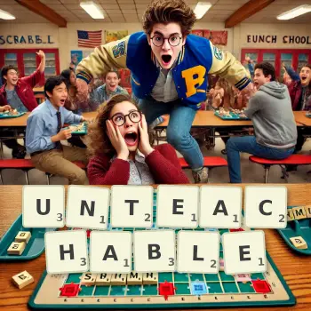 Creative illustration for a Scrabble game with the word UNTEACHABLE spelled out in tiles on the board.