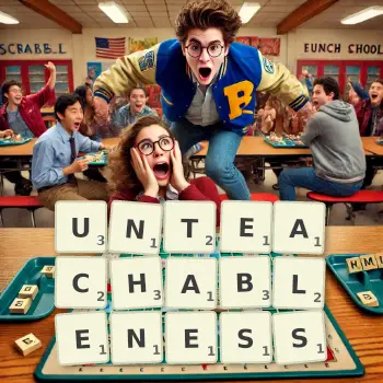 Creative illustration for a Scrabble game with the word UNTEACHABLENESS spelled out in tiles on the board.