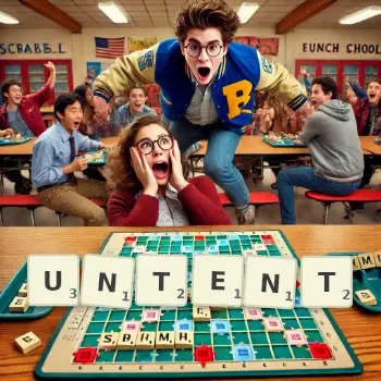 Creative illustration for a Scrabble game with the word UNTENT spelled out in tiles on the board.