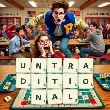 Creative illustration for a Scrabble game with the word UNTRADITIONAL spelled out in tiles on the board.