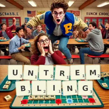 Creative illustration for a Scrabble game with the word UNTREMBLING spelled out in tiles on the board.