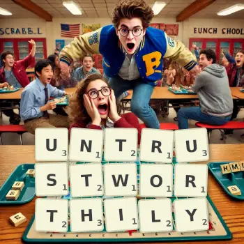 Creative illustration for a Scrabble game with the word UNTRUSTWORTHILY spelled out in tiles on the board.