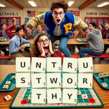 Creative illustration for a Scrabble game with the word UNTRUSTWORTHY spelled out in tiles on the board.