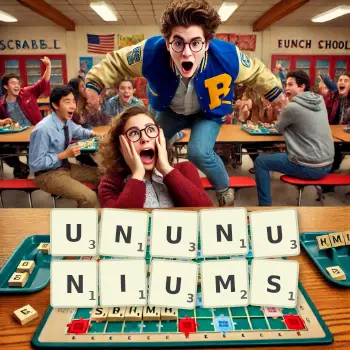 Creative illustration for a Scrabble game with the word UNUNUNIUMS spelled out in tiles on the board.