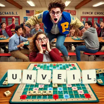 Creative illustration for a Scrabble game with the word UNVEIL spelled out in tiles on the board.