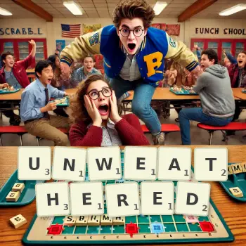 Creative illustration for a Scrabble game with the word UNWEATHERED spelled out in tiles on the board.