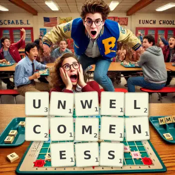 Creative illustration for a Scrabble game with the word UNWELCOMENESS spelled out in tiles on the board.