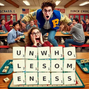 Creative illustration for a Scrabble game with the word UNWHOLESOMENESS spelled out in tiles on the board.