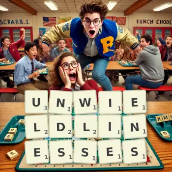 Creative illustration for a Scrabble game with the word UNWIELDLINESSES spelled out in tiles on the board.