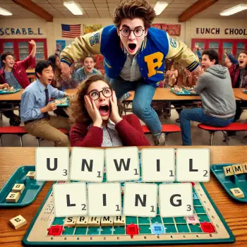 Creative illustration for a Scrabble game with the word UNWILLING spelled out in tiles on the board.