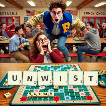 Creative illustration for a Scrabble game with the word UNWIST spelled out in tiles on the board.