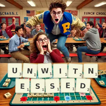 Creative illustration for a Scrabble game with the word UNWITNESSED spelled out in tiles on the board.