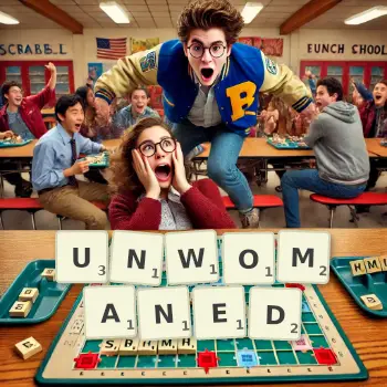 Creative illustration for a Scrabble game with the word UNWOMANED spelled out in tiles on the board.
