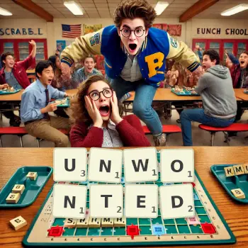 Creative illustration for a Scrabble game with the word UNWONTED spelled out in tiles on the board.