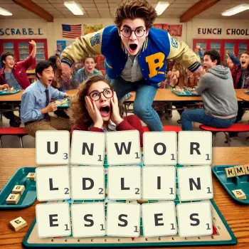 Creative illustration for a Scrabble game with the word UNWORLDLINESSES spelled out in tiles on the board.