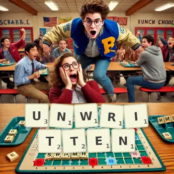 Creative illustration for a Scrabble game with the word UNWRITTEN spelled out in tiles on the board.