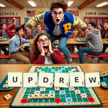 Creative illustration for a Scrabble game with the word UPDREW spelled out in tiles on the board.