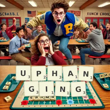 Creative illustration for a Scrabble game with the word UPHANGING spelled out in tiles on the board.