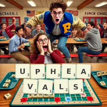 Creative illustration for a Scrabble game with the word UPHEAVALS spelled out in tiles on the board.