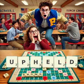 Creative illustration for a Scrabble game with the word UPHELD spelled out in tiles on the board.