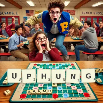 Creative illustration for a Scrabble game with the word UPHUNG spelled out in tiles on the board.