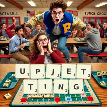 Creative illustration for a Scrabble game with the word UPJETTING spelled out in tiles on the board.