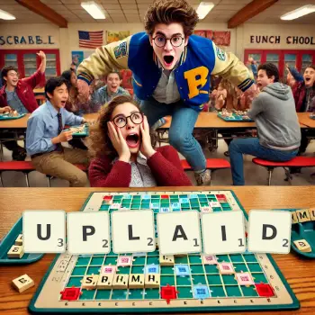 Creative illustration for a Scrabble game with the word UPLAID spelled out in tiles on the board.