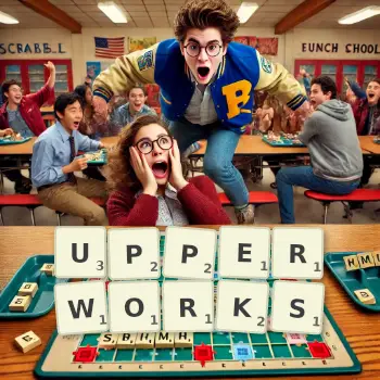 Creative illustration for a Scrabble game with the word UPPERWORKS spelled out in tiles on the board.