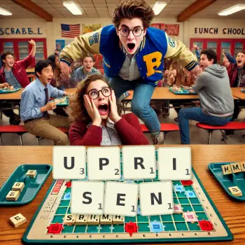 Creative illustration for a Scrabble game with the word UPRISEN spelled out in tiles on the board.